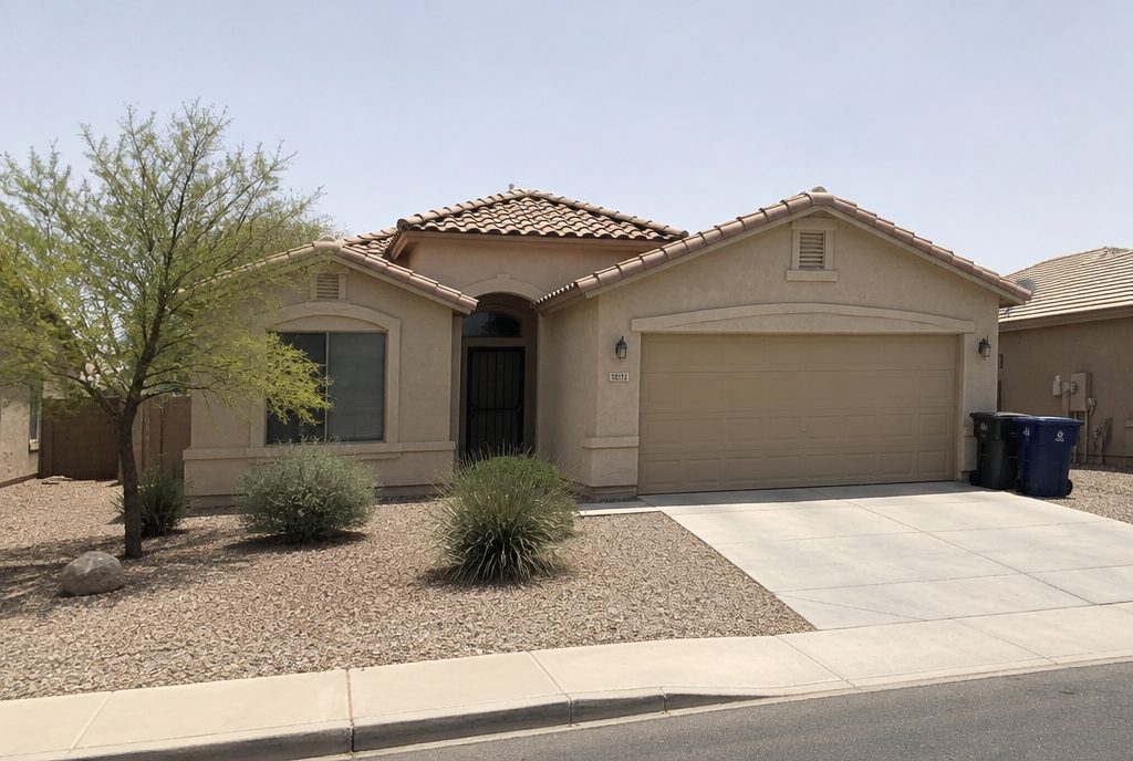 Front of a stucco home at harsh midday