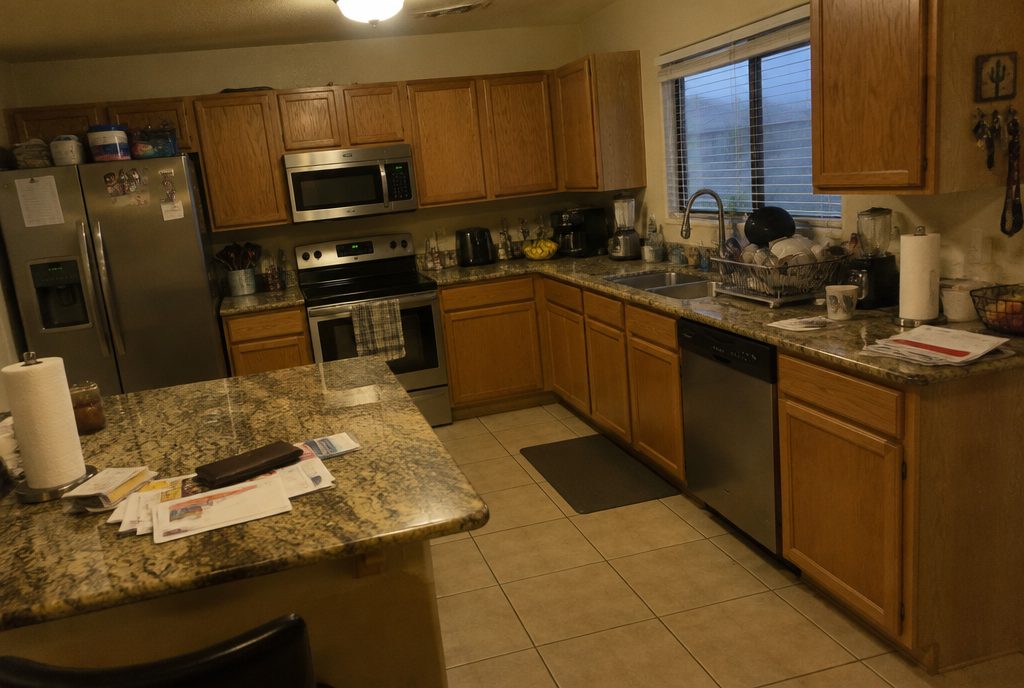 Dim cluttered kitchen
